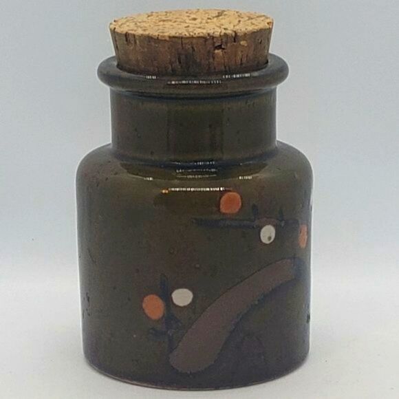 Nagoya Japan Vintage Olive Green Orange Cream Berry Cork Lid Stoneware Canister - Picture 8 of 10